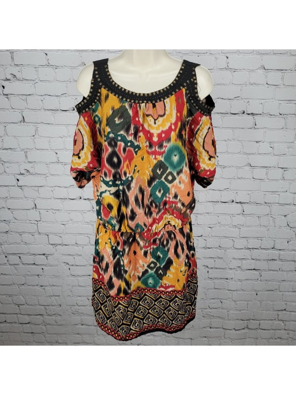 Angie Multicolor Print Embellished Neckline Cold Shoulder Dress Size Medium M